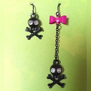 Vintage BETSEY JOHNSON Skull Crossbones Mismatched Fishhook Dangle Earrings.